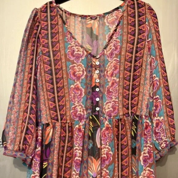 Boho Retro Chiffon Long Sleeve Geometric Floral Maxi Dresses - Picture 9 of 16